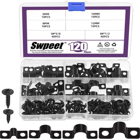 120Pcs 4 Tailles 5mm 8mm 10mm 12mm Deux Trous U Support Pince avec Vis Kit Assortiment, Pinces U, Colliers de Tuyau en Métal, Colliers de Tuyau à Sangle, Colliers de Tuyau, Clips de Serrage (1/5)