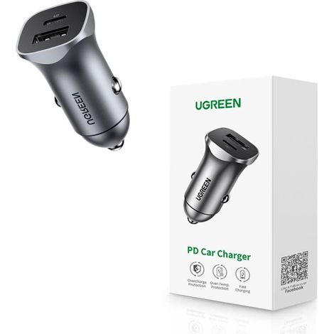 Chargeur de voiture Ugreen USB Type-C / USB 24 W avec charge rapide, gris (30780) - AquaForge (1/5)