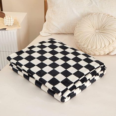 Couverture douce pour canapé 120 x 200 cm Tissu tricoté doux et uni, convient aux canapés et aux lits légère et chaude, polyvalente, à carreaux noirs et blancs. (1/5)