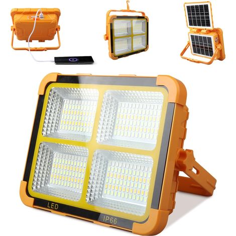 Projecteur LED Rechargeable 150W, Projecteur LED Chantier Portable avec Double Panneau Solaire, Lampe de Travail 9000mAh/336 perles LED/4 Modes/IP66, Projecteur de Chantier pour Garage, Camping (1/5)