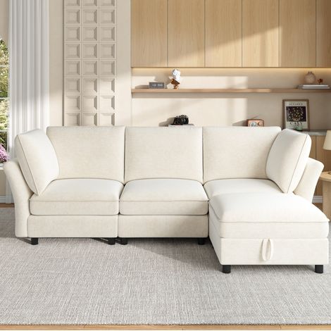 Sofá modular en L (225x137x84 cm), con reposapiés con espacio de almacenaje, chenille beige (1/5)