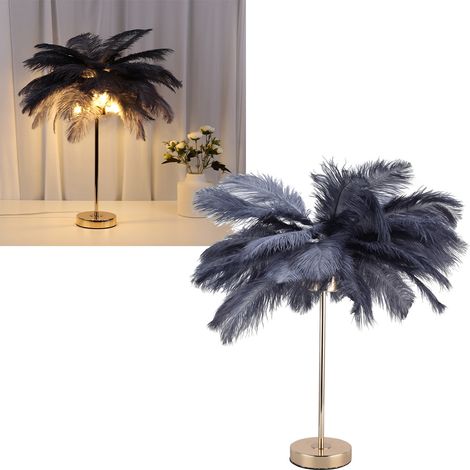 Lampe de table G4 en plumes d'autruche, veilleuse, lampe de chevet décorative pour chambre à coucher, chambre nuptiale, grise, prise UE 220 V (1/5)