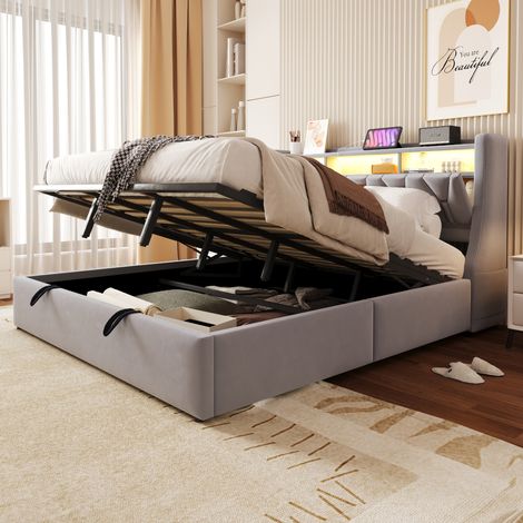 Letto contenitore 180x200 cm in velluto grigio chiaro con LED e prese DESVIAE (1/5)