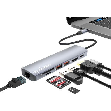 Manhattan 153966 replicatore di porte e docking station per laptop Cablato USB 3.2 Gen 2 [3.1 Gen 2] Type-C Argento (USB-C DOCK/HUB/READER 5-PORT- - ENET/HDMI/USB-A[X2]/USB-C/PD100) (1/5)
