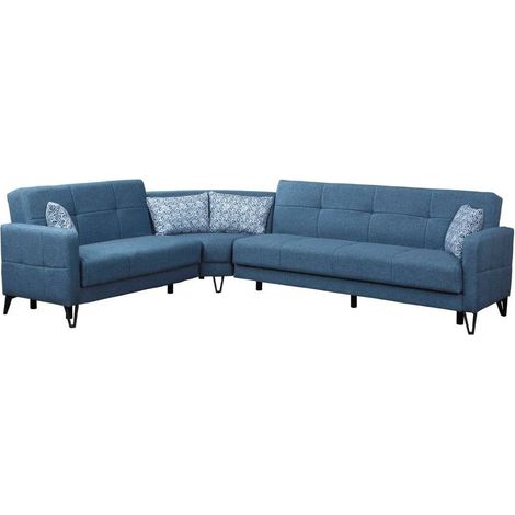 Dmora - Divano letto con penisola Apo, Divano letto contenitore reversibile con 4 cuscini, Sofà in tessuto con apertura click-clack, 302x234h88 cm, Blu (1/5)