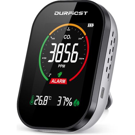 Détecteur de CO2 – Moniteur de qualité de l'air avec alarme – Capteur NDIR – Rechargeable 1500 mAh – Plage 400-5000 PPM – Durficst (1/5)