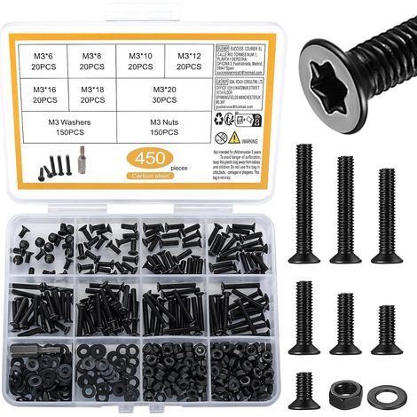 450 Pièces M3 Vis et écrous, M3 Vis Boulons et Écrous avec Rondelles, Vis à Tête Fraisée, Set di Vis Torx, Boulons à Tête Fraisée à Torx, Vis Mécaniques à Tête Plate et Rondelles Assortiment (1/5)