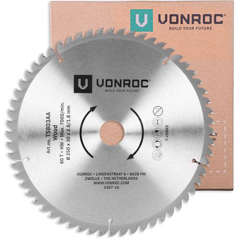 VONROC Lame de scie 60T - Ø 250 x 30 x 2,8/1,8 mm - Pour scies à table VONROC TS504AC, TS505AC et universelles (1/2)