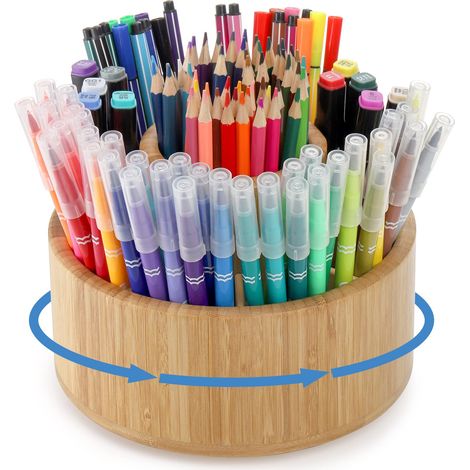 Porte-stylos en bambou, rotatif à 360° avec 11 compartiments, boîte de rangement pour crayons de couleur, peut contenir plus de 200 crayons, boîte de bureau pour marqueurs, crayons, pinceaux (1/5)