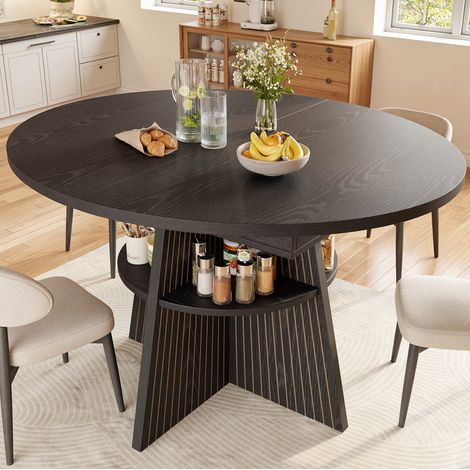 Table extensible 110-150 x 110 x 76 cm avec rangement ouvert, MDF et métal, noire (1/5)