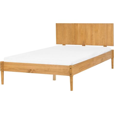 Bed Light Brown Pine Wood Frame with Slatted Bed Base Ribbed Headboard EU Small Double Size 4ft Natural Scandi Style AMBAZAC (1/5)