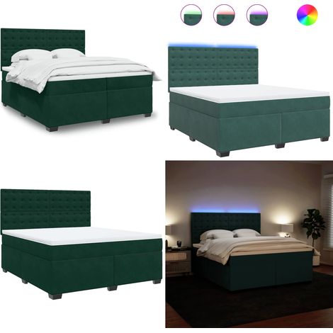 Cama box spring con colchón terciopelo verde oscuro 180x200 cm - Colchón de muelles ensacados - Cama con luz LED