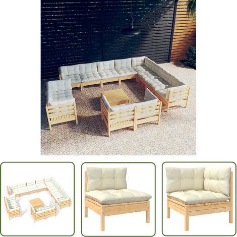INLIFE Salon de jardin 13 pcs avec coussins crème Bois de pin solide (1/5)