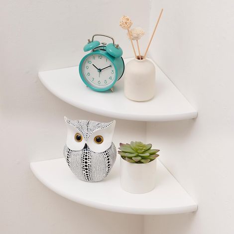Lot de 2 étagères d'angle, blanc, en chêne massif, étagère murale en bois, style vintage et campagne, avec extrémités arrondies, pour chambre et salon, rayon de 18 cm (1/5)