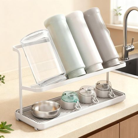 Égouttoir à Bouteilles 2 Niveaux en Acier au Carbone – Séchoir Compact avec Plateaux inclinés pour , biberons, Tasses, Verres – Antidérapant, Gain de Place, Blanc (1/5)
