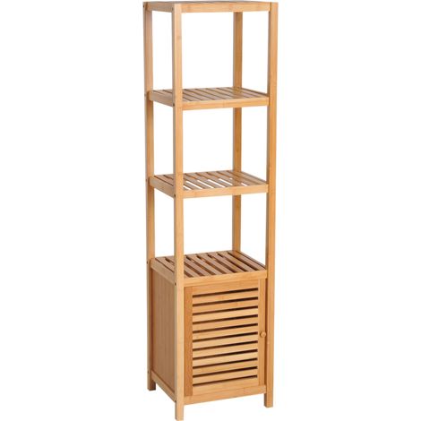 Armoire de salle de bain en bambou naturel avec 3 étagères ouvertes, 36x33x140 cm (1/5)