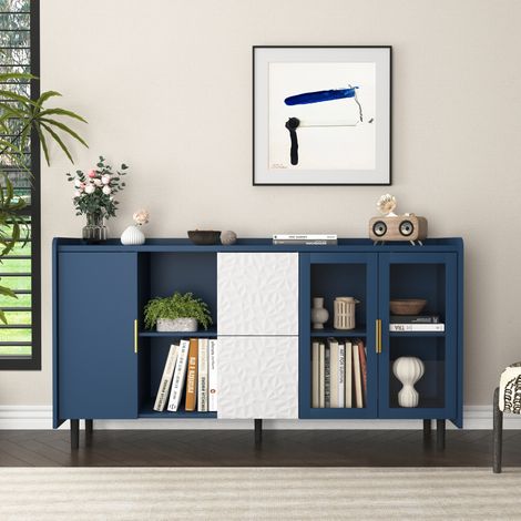 Buffet en MDF bleu avec portes vitrées, tiroirs et niches ouvertes, meuble de rangement multifonction (1/5)