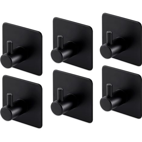6 Crochets Muraux Inox Autocollants - Patères Adhésives pour Salle de Bain & Cuisine, Sans Perçage, Noir (1/5)