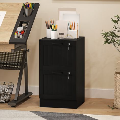 Büroschrank, Holzschrank mit 2 Schubladen und Schloss, verstellbare Kleiderstangen, 40 x 40 x 71 cm, schwarz