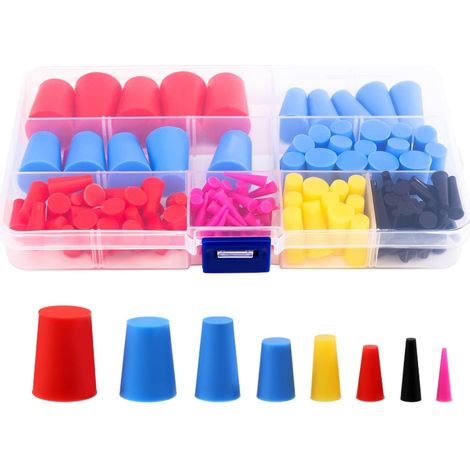 Paquete de 125 tapones cónicos de caucho de silicona resistentes a altas temperaturas - 8 tamaños surtidos - para perforación, pulverización, recubrimiento, galvanoplastia, pintura y chorro de arena. (1/5)