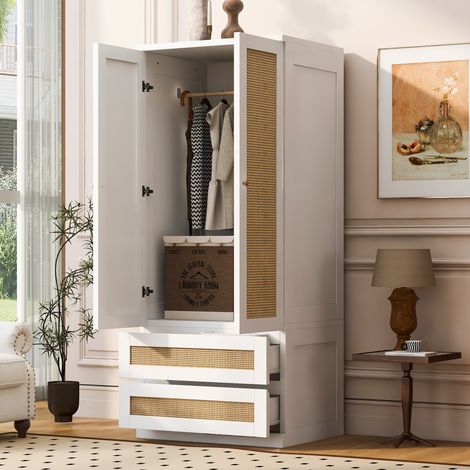 Armario 7055170 cm, diseño de puertas dobles, con cajones y estantes, puertas de ratán sintético, blanco (1/5)
