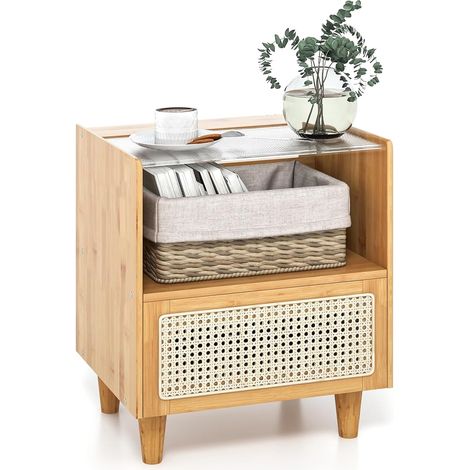 COSTWAY Comodino in Bambù e Rattan, Tavolino da Salotto Boho con Cassetto e Gambe in Legno Massello, Comodino Tavolino in Bambù per Camera da Letto, Soggiorno, 43 x 35 x 50 cm (1, Naturale) (1/5)
