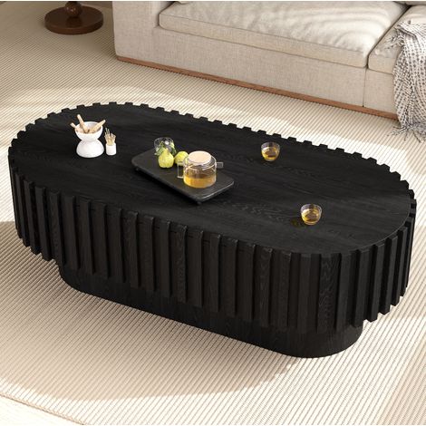 MODFU – Mesa de centro ovalada 100x50x35,5 cm de MDF con cajón, lamas verticales, esquinas redondeadas y base maciza – Negro (1/5)