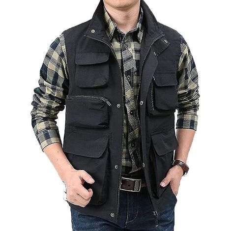 Gilet d'extérieur pour homme, idéal pour le travail, les safaris et la pêche. Léger, il convient aussi bien aux voyages qu'à la photographie. Gilet cargo - Taille XL - Noir (1/4)