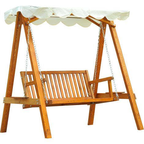 2-Sitzer-Gartenschaukelstuhl mit Sonnendach – Weiß-cremefarbener Hängesessel aus Holz für Balkon und Terrasse