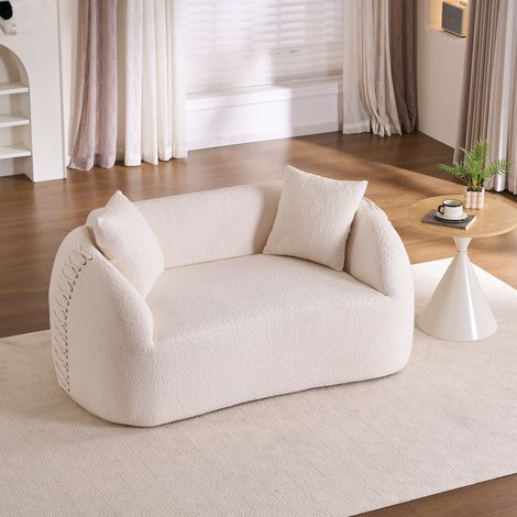 MODFU – Divano 2 posti in ciniglia 104 cm con design curvo, braccioli con lacci, 2 cuscini e schiuma – Bianco crema (1/5)