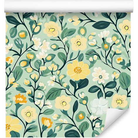Papel pintado Cottagecore con flores verdes y menta para salón y dormitorio, 50x1000 cm. (1/5)