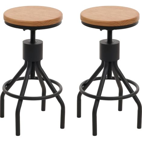 Lot de 2 tabourets de bar chaise haute design industriel réglable en hauteur repose-pieds rotatif métal noir et bois massif naturel TDB04083