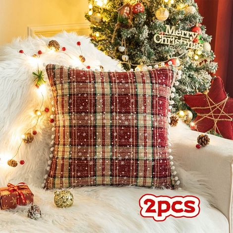 Housse De Coussin - Motif Tartan Rouge Noël - Finition Flocons De Neige Et Pompons - 45 X 45 Cm - Pour Canapé Salon - Lot De 2 (1/5)