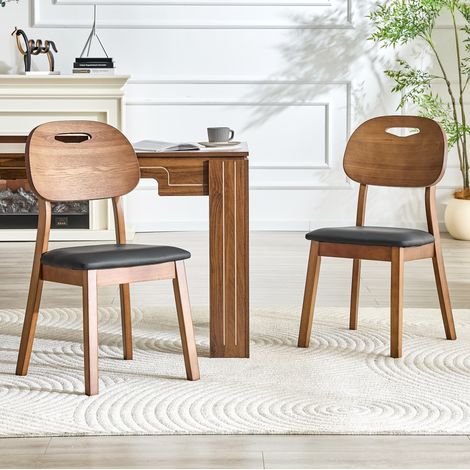 Silla de comedor de madera de hevea y PU negro, respaldo ovalado acolchado, juego de 2 (1/5)