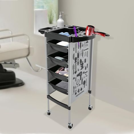 Salon Trolley, 5 Tier Hairdressing Trolley with 4 Drawers and Wheels, Rolling Hair Salon Organizer, 33lbs Capacity Per Shelf, Folding Top Design, For Barbers, Stylists, 14.96x34.64 Inch (1/5)