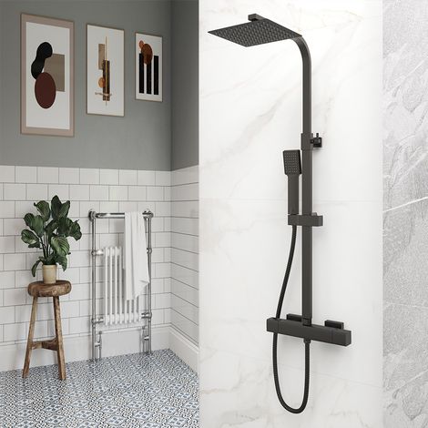 AICAIT Soffione doccia quadrato 20x20cm con doccetta quadrata 229x64mm, colonne doccia termostatiche con rubinetto 40mm, nero opaco