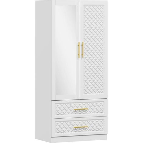 Armoire de Chambre Penderie avec Miroir 2 Portes et 2 Tiroirs Barre de Suspension 80 x 50 x 180 cm Blanc (1/5)