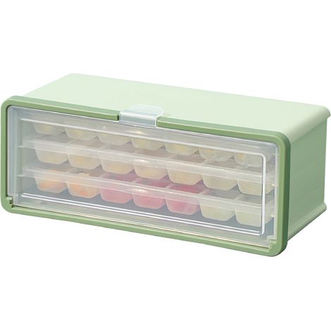 Bac à glaçons 3 étages grande capacité, démontage facile avec pelle à glace et couvercle, idéal pour cocktails, yaourts et boissons (Vert) (1/5)