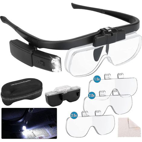 Lunettes loupe frontales avec lumière, loupe mains libres à éclairage LED avec 3 lentilles détachables et double emplacement pour montre électronique (1/5)