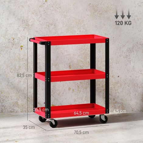 Chariot de rangement 3 étagères, cadre en acier robuste, charge max 120 kg, roulettes et poignée, rouge (1/5)