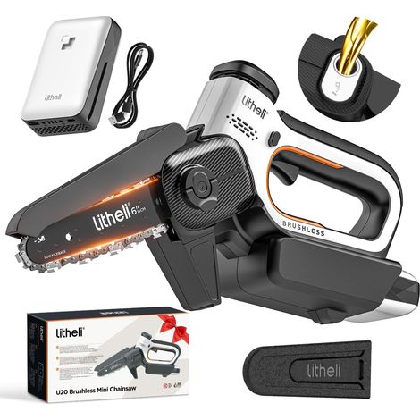 Mini Kettensäge 6 inch mit Akku, Automatische Kettenschmierung, Bürstenloser Motor, Doppel-Sicherheitsverschluss, Für Äste,Höfe,Zuhause und Garten geeignet Litheli