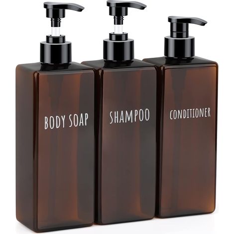 3 Pièces - Distributeur de Savon - Flacon Pompe - Rechargeable 500ml pour Shampoing et Gel Douche Salle de Bain Hôtel Marron (1/5)