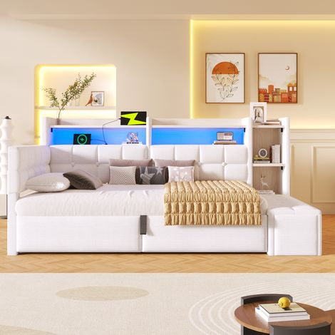 Lit banquette 90x200 velours - rangement hydraulique led et usb-c - tablette et banc coffre - sans matelas - blanc (1/5)