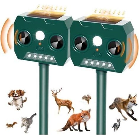 2 Pièces Répulsif Solaire à Ultrasons IP45 Étanche, Portée 12m 120°, avec LED, contre Martres, Chats, Ratonneurs, Chiens et Renards (1/4)