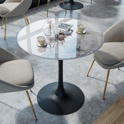 Round Dining Table Marble Modern Tulip Table Slate Tabletop with Metal Black Pedestal Base, Bistro Kitchen Dining Room, Jade White (1/5)
