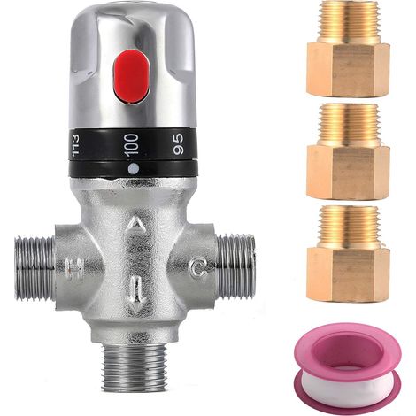 Thermostatic mixing valve, shower water mixing valve, with 1/2"G to 1/2" NPT connection adapters, water temperature control valve, Grey
