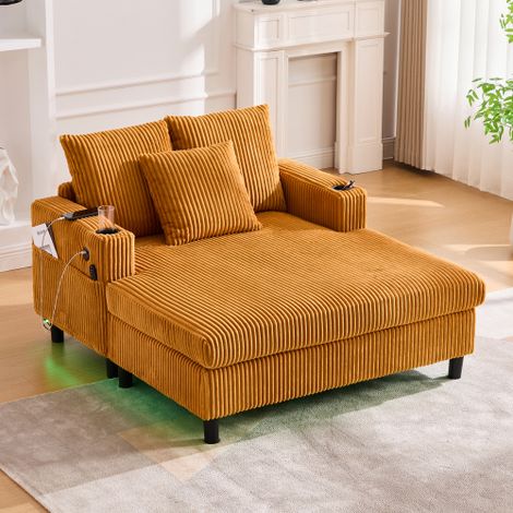Großzügiger, weicher Chaiselongue-Liegesessel mit seitlichen Getränkehaltern, USB-Anschlüssen, integrierter LED-Ambiente-Beleuchtung – perfekt für Wohnzimmer, Schlafzimmer oder Wintergarten