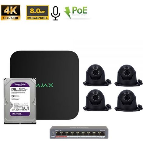 Ajax Kit videosorveglianza NVR 8 Canali + TurretCam 8Mp Nero + HDD 2Tb + Switch PoE - 70938 NR.04 Telecamere