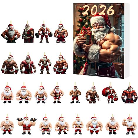 Adventskalender mit muskulösen Weihnachtsmann-Motiven – 24 zweidimensionale Acryl-Weihnachtsbaumkugeln – 24-tägiger Countdown-Kalender für W (1/5)