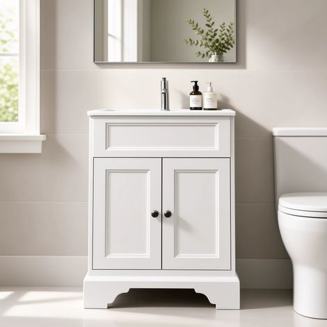 Meuble Salle de Bains avec vasque/lavabo DOLIANA 80 à poser laqué Blanc mat avec plan céramique (1/5)
